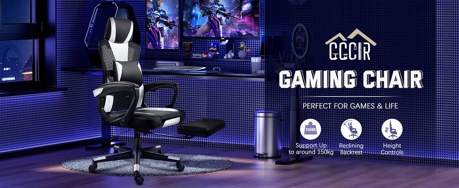 The image showcases a black and white ergonomic gaming chair in a gaming setup with LED lighting, multiple monitors, and a futuristic aesthetic.
