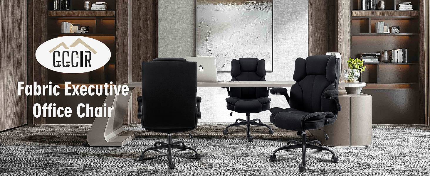 The image showcases a modern office setup featuring **fabric executive office chairs** by **GCCIR**.