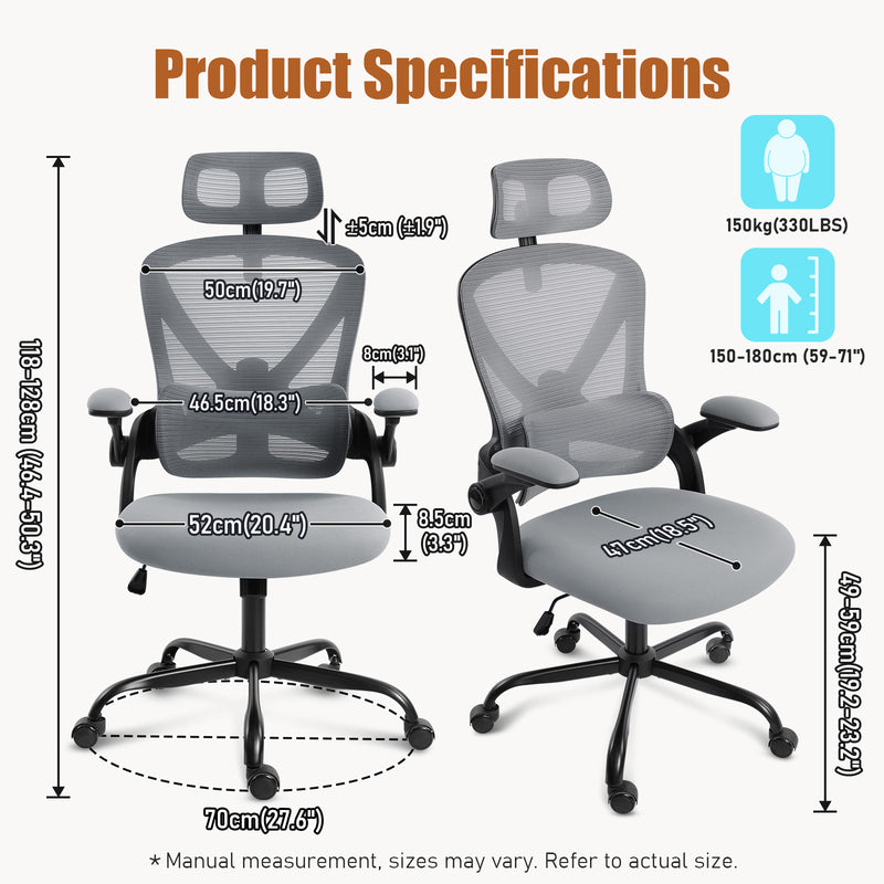 Office chair with detailed dimensions and ergonomic features