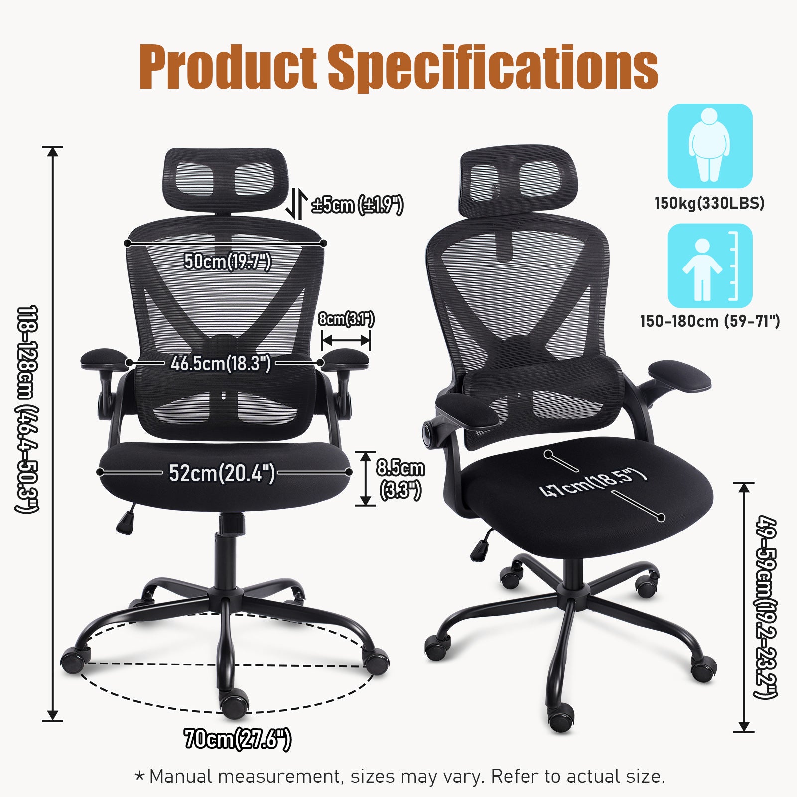Office chair with detailed measurements and ergonomic features