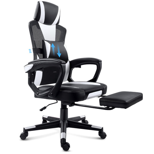 GGCIR Gaming Chair with Footrest and Lumbar Support Black/White features ergonomic design, adjustable lumbar cushion, and retractable footrest for comfort.