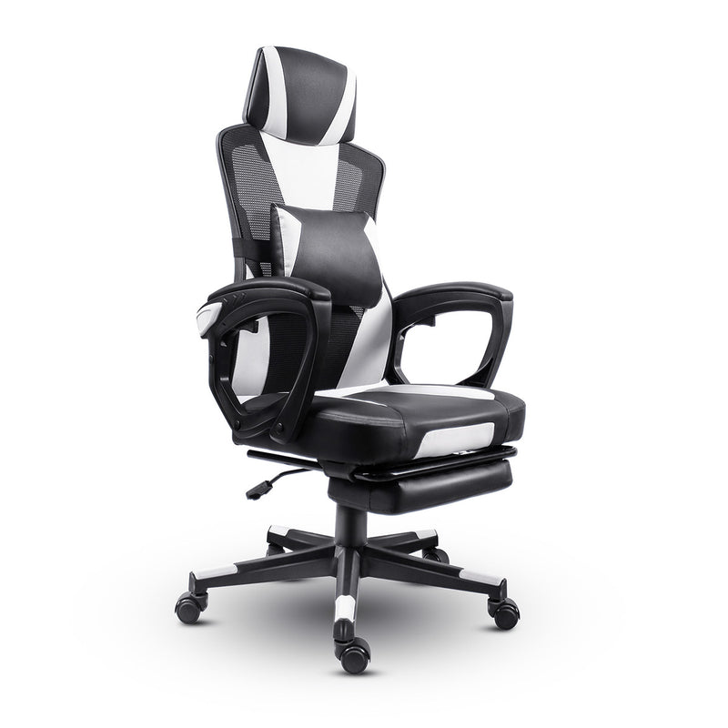 GGCIR Gaming Chair with Footrest and Lumbar Support in black and white. Ergonomic design with adjustable armrests, reclining backrest, and retractable footrest.