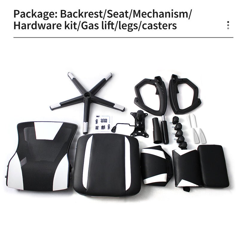 Package contents of the GGCIR Gaming Chair with Footrest, including backrest, seat, mechanism, hardware kit, gas lift, legs, and casters for easy assembly.