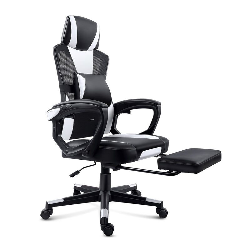 Side view of the GGCIR Gaming Chair with Footrest, featuring an extended footrest, adjustable reclining backrest, and padded armrests for maximum comfort.
