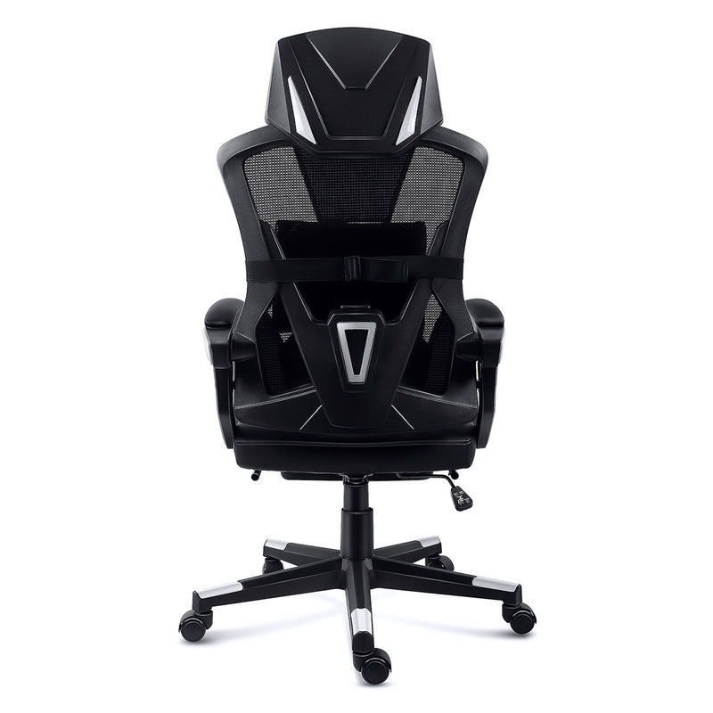 Back view of the GGCIR Gaming Chair with Footrest, showing a breathable mesh design, lumbar support strap, and sturdy frame for durability.