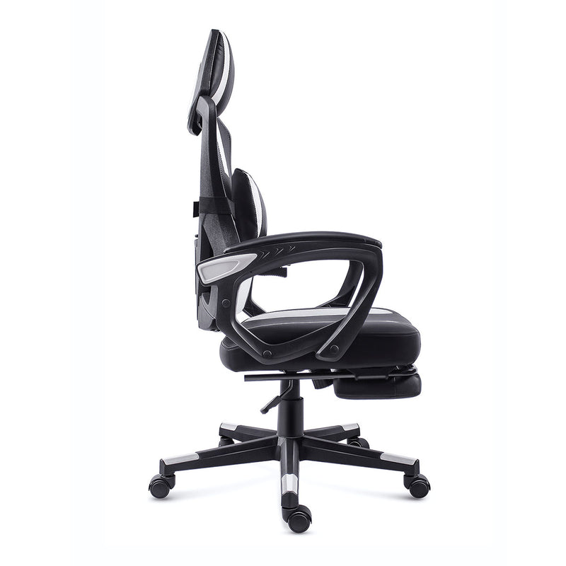 Side profile of the GGCIR Gaming Chair with Footrest, highlighting its ergonomic shape, adjustable headrest, and retractable footrest for relaxation.