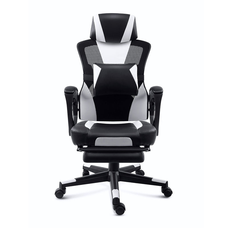 Front view of the GGCIR Gaming Chair with Footrest, showcasing its ergonomic lumbar support, adjustable headrest, and stylish black and white design.