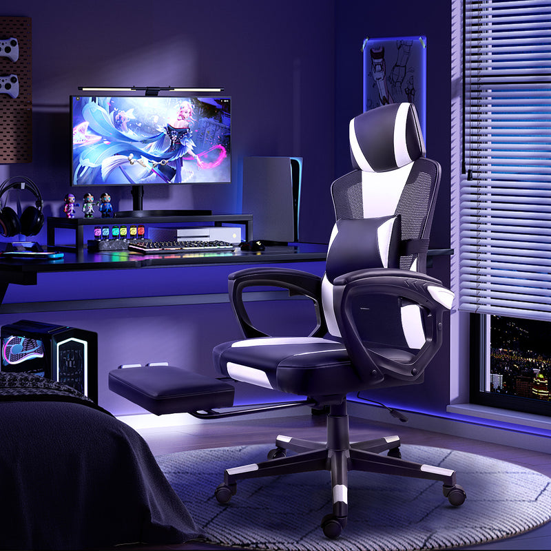 GGCIR Gaming Chair with Footrest in a gaming setup. Features a sleek black and white design, ergonomic lumbar support, and a reclining function for comfort.