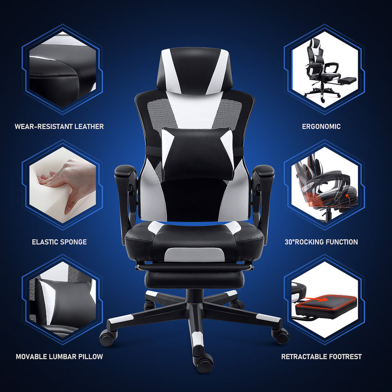 Features of the GGCIR Gaming Chair with Footrest, including wear-resistant leather, ergonomic design, rocking function, and movable lumbar pillow.