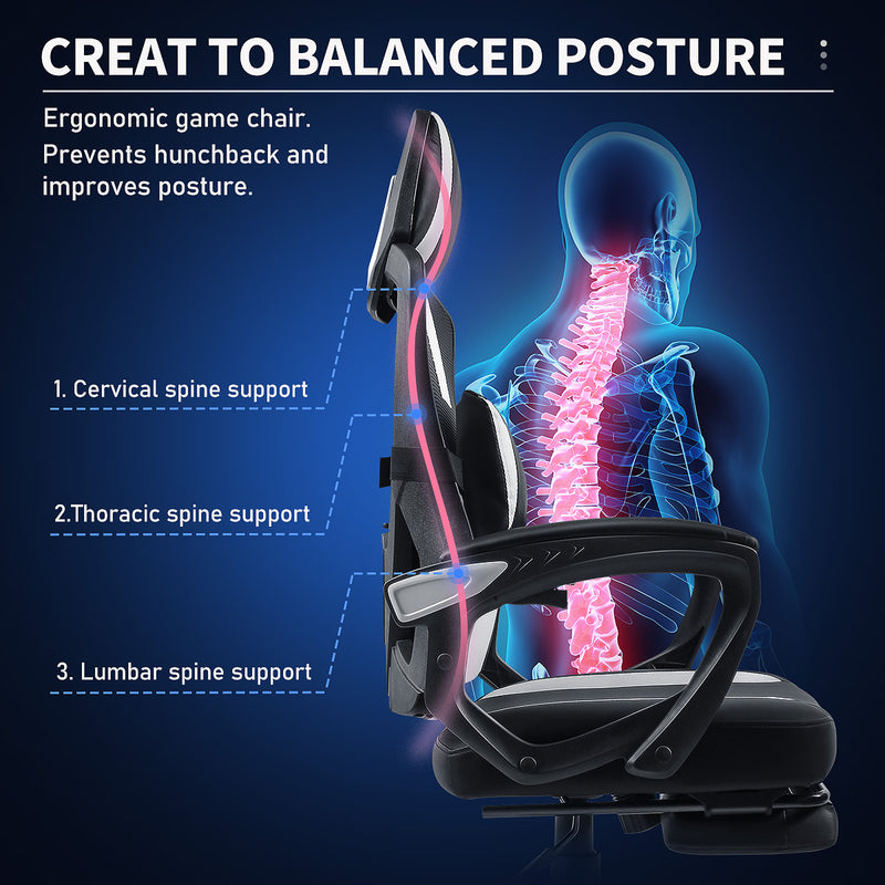 Posture support of the GGCIR Gaming Chair with Footrest, highlighting cervical, thoracic, and lumbar spine support for improved comfort and ergonomics.