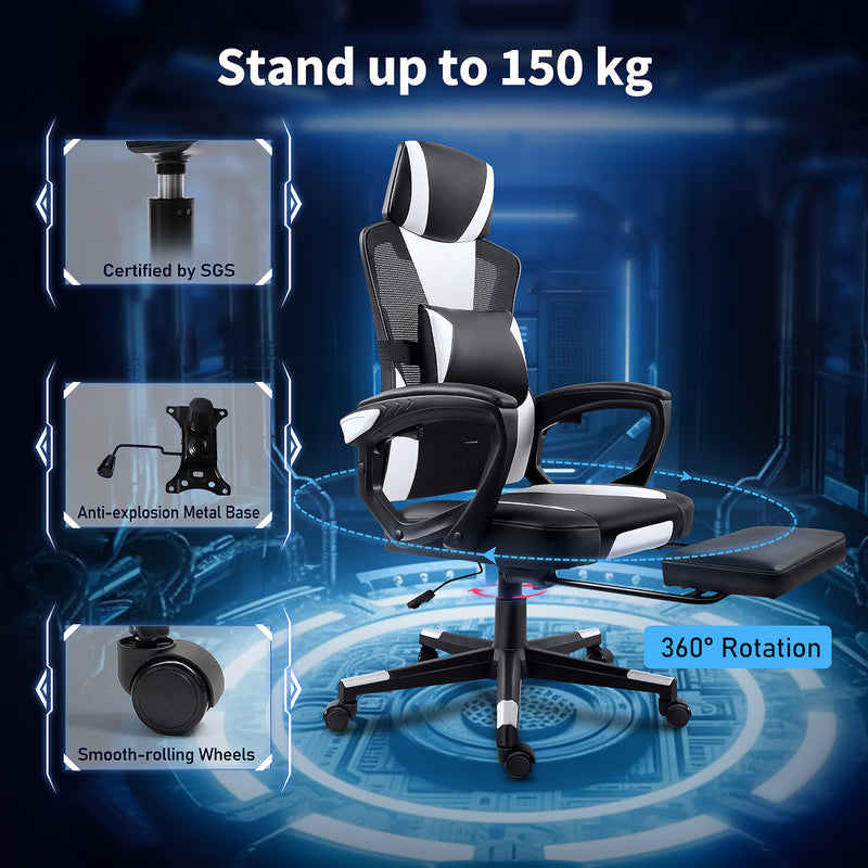 GGCIR Gaming Chair with Footrest supports up to 150kg, featuring a sturdy metal base, 360° rotation, and smooth-rolling wheels for stability and mobility.