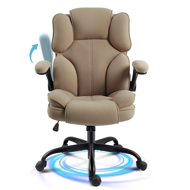High back beige fabric office chair with flip up arms and ergonomic design