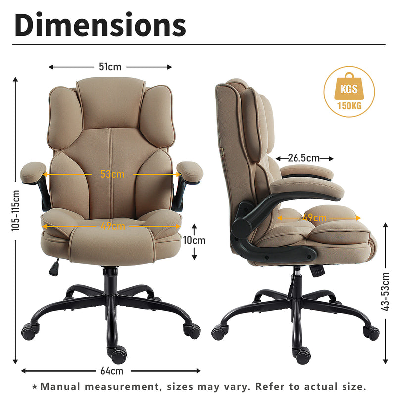 Dimensions of beige padded armrest and breathable fabric on office chair