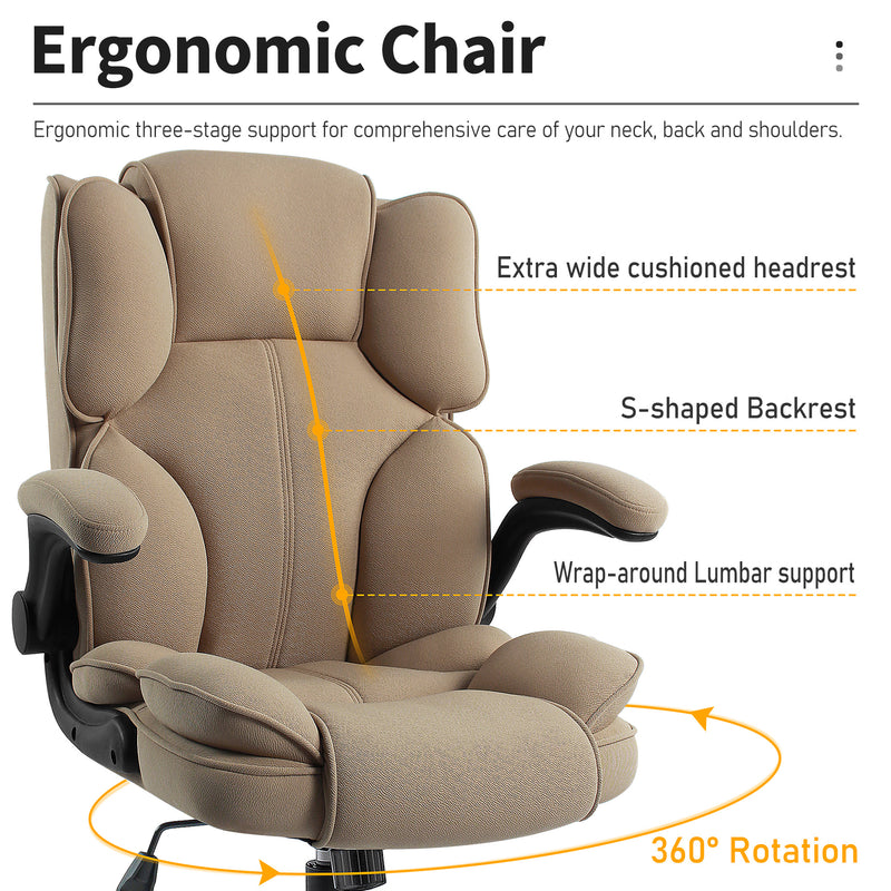 Ergonomic beige office chair with flip-up arms and 360-degree rotation