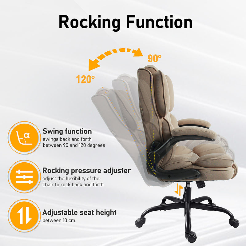 Adjustable beige office chair with ergonomic support and rocking function