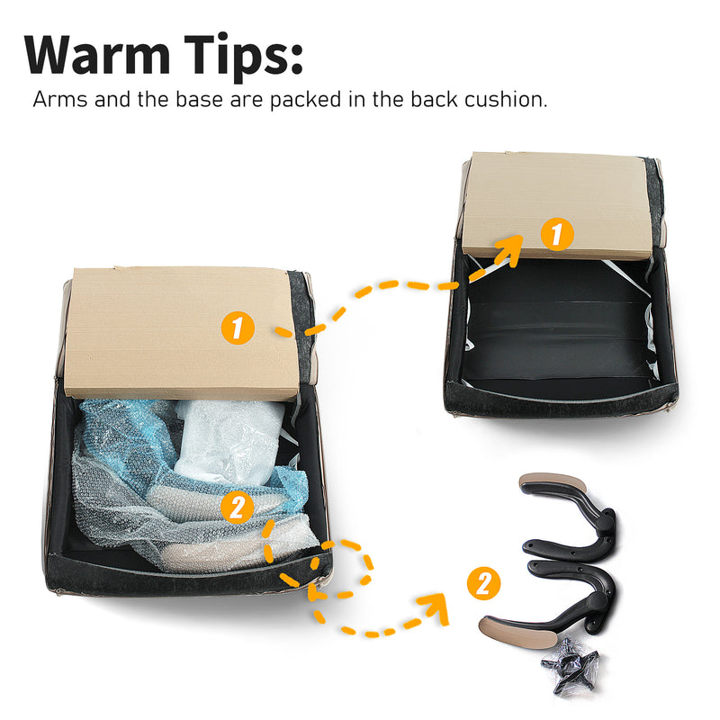 Unboxing beige fabric office chair with detailed assembly instructions