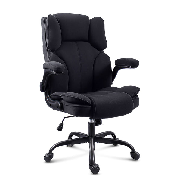 GGCIR High Back Fabric Executive Office Chair in black with ergonomic design, flip-up arms, and cushioned support for enhanced comfort and productivity.