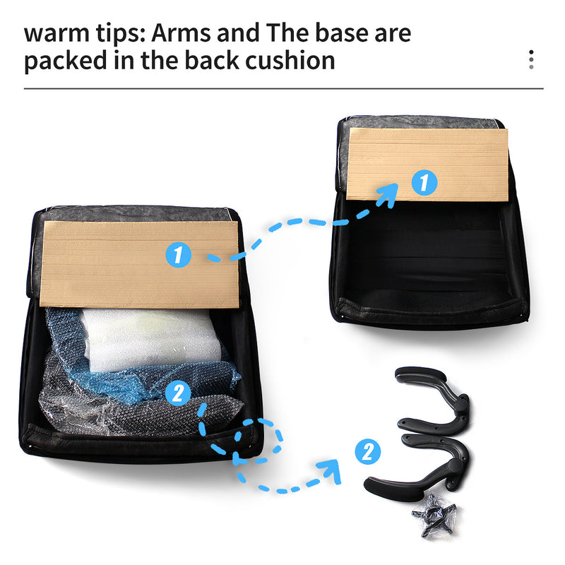 Packaging details of GGCIR High Back Fabric Executive Office Chair, showing arms and base packed in the back cushion for compact and secure shipping.
