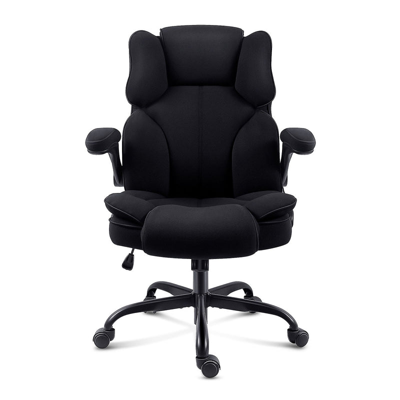 Front view of GGCIR High Back Fabric Executive Office Chair in black, featuring ergonomic cushioning, flip-up arms, and a sturdy metal base.