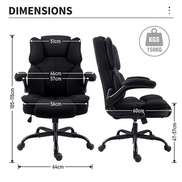 Dimensions of GGCIR High Back Fabric Executive Office Chair, featuring a 64cm width, adjustable height, and 150kg weight capacity for ergonomic support.