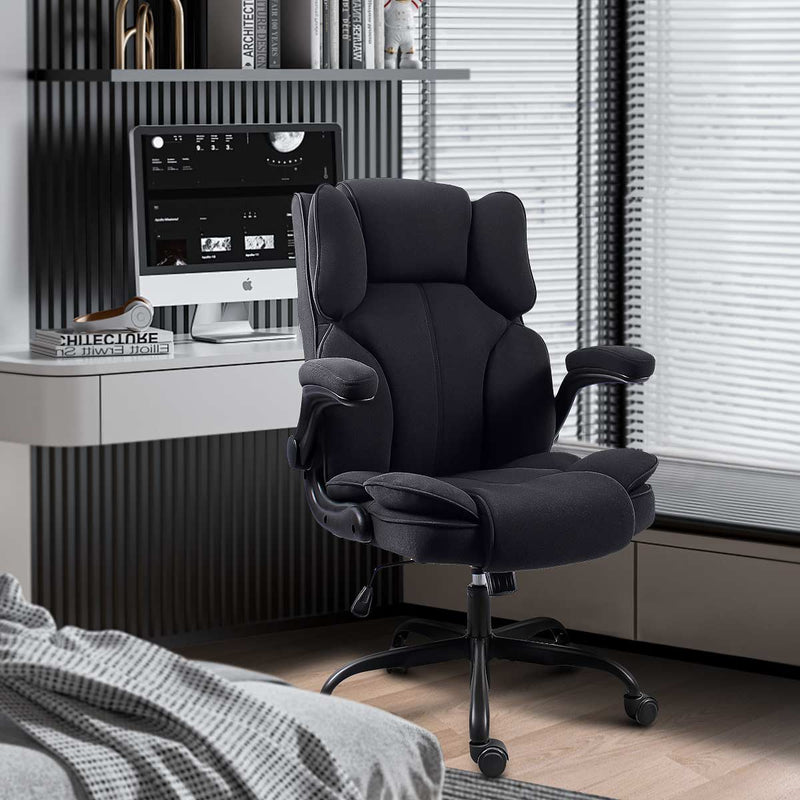 Black GGCIR High Back Fabric Executive Office Chair in a modern home office setup, offering ergonomic comfort and stylish design for productivity.