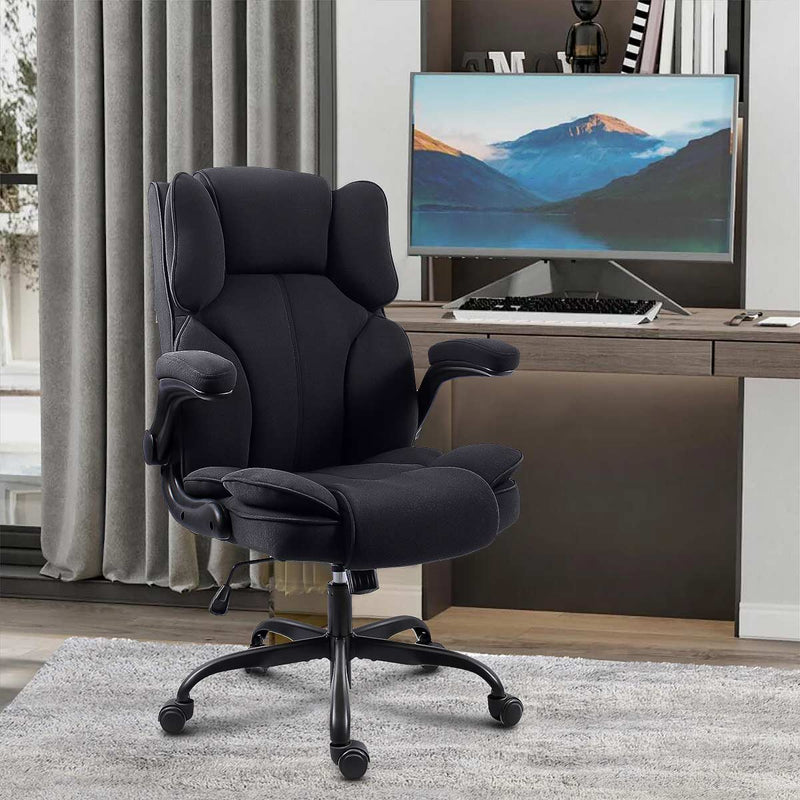 GGCIR High Back Fabric Executive Office Chair in black placed in a contemporary workspace, showcasing its ergonomic design and cushioned support.