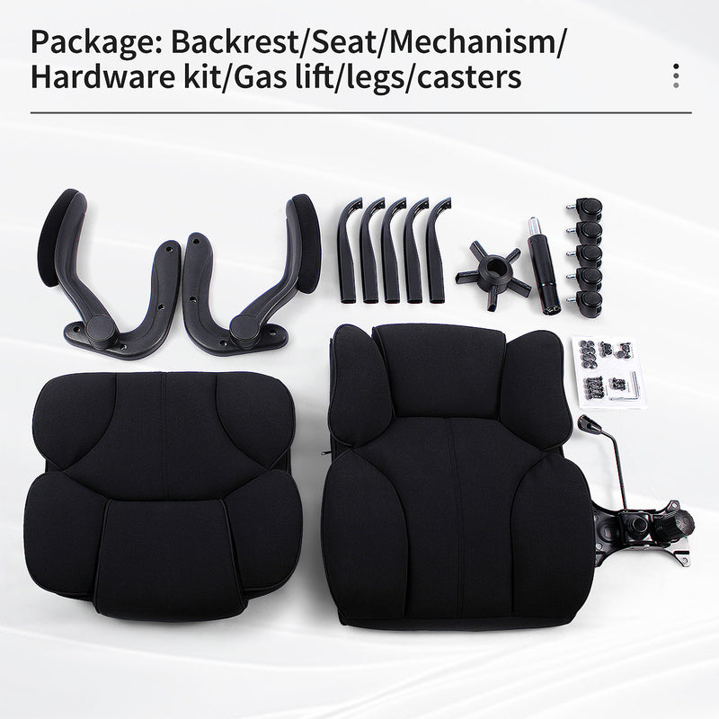Package contents of GGCIR High Back Fabric Executive Office Chair, including backrest, seat, mechanism, hardware kit, gas lift, legs, and casters.