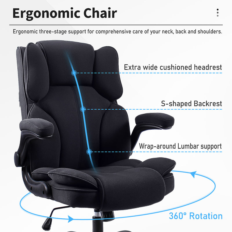 Ergonomic design of GGCIR High Back Fabric Executive Office Chair with extra-wide cushioned headrest, S-shaped backrest, and wrap-around lumbar support.