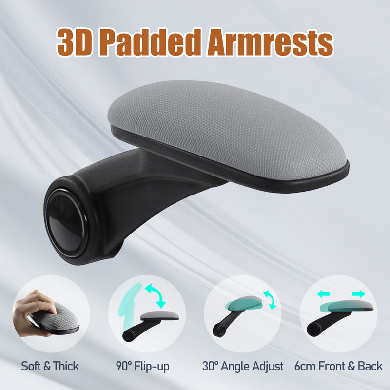 3D padded armrests with adjustable features for office chair