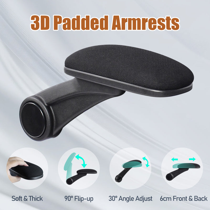 3D padded armrests with adjustable features on ergonomic office chair