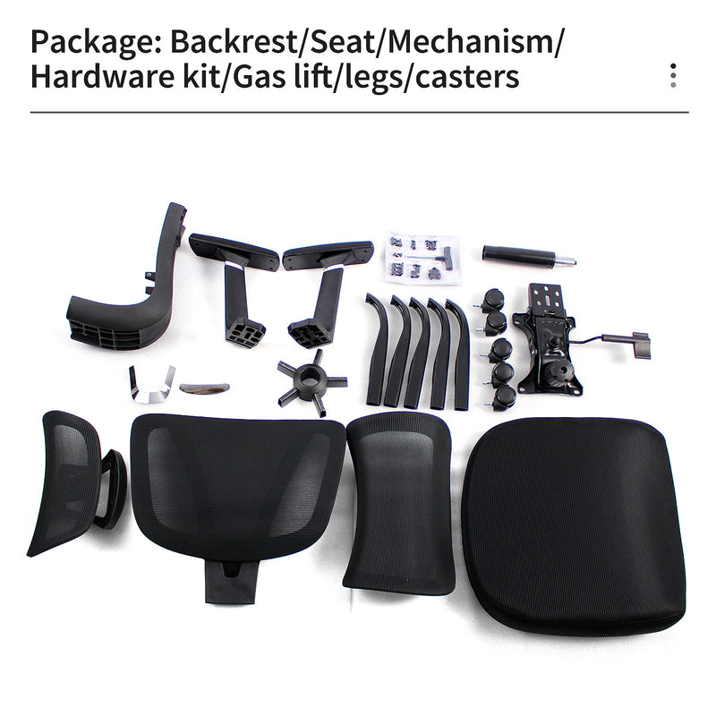 Package contents of GGCIR High Back Ergonomic Office Chair. Includes backrest, seat, mechanism, hardware kit, gas lift, legs, and casters.