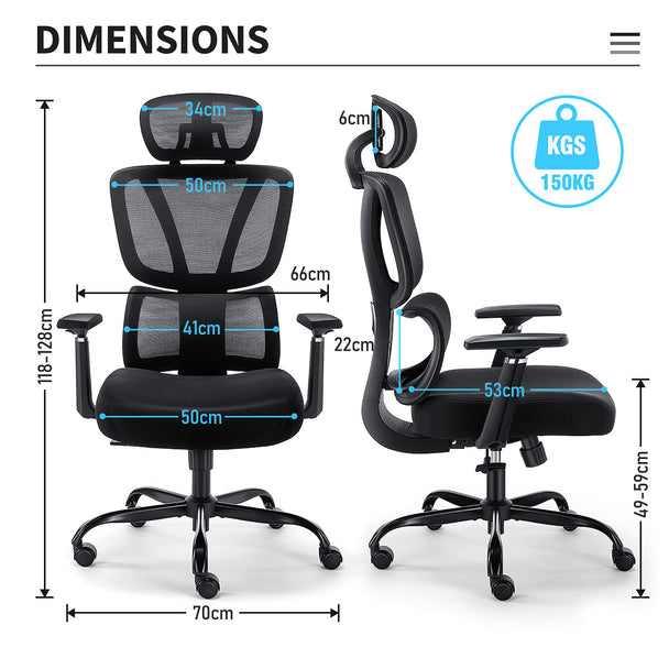 Dimensions of GGCIR High Back Ergonomic Office Chair. Adjustable height, 3D armrests, and lumbar support with a weight capacity of 150kg.