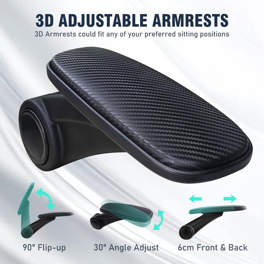 3D adjustable armrests of the GGCIR Ergonomic Office Chair, featuring flip-up, angle adjustment, and front-back movement for customized support.