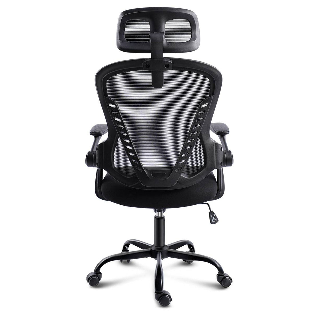 Rear view of the GGCIR Black Ergonomic Office Chair, displaying the breathable mesh backrest and adjustable headrest for enhanced posture support.