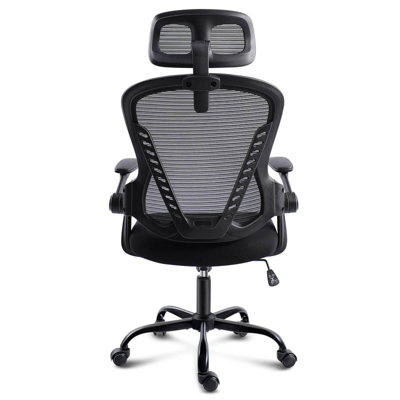 Rear view of the GGCIR Black Ergonomic Office Chair, displaying the breathable mesh backrest and adjustable headrest for enhanced posture support.