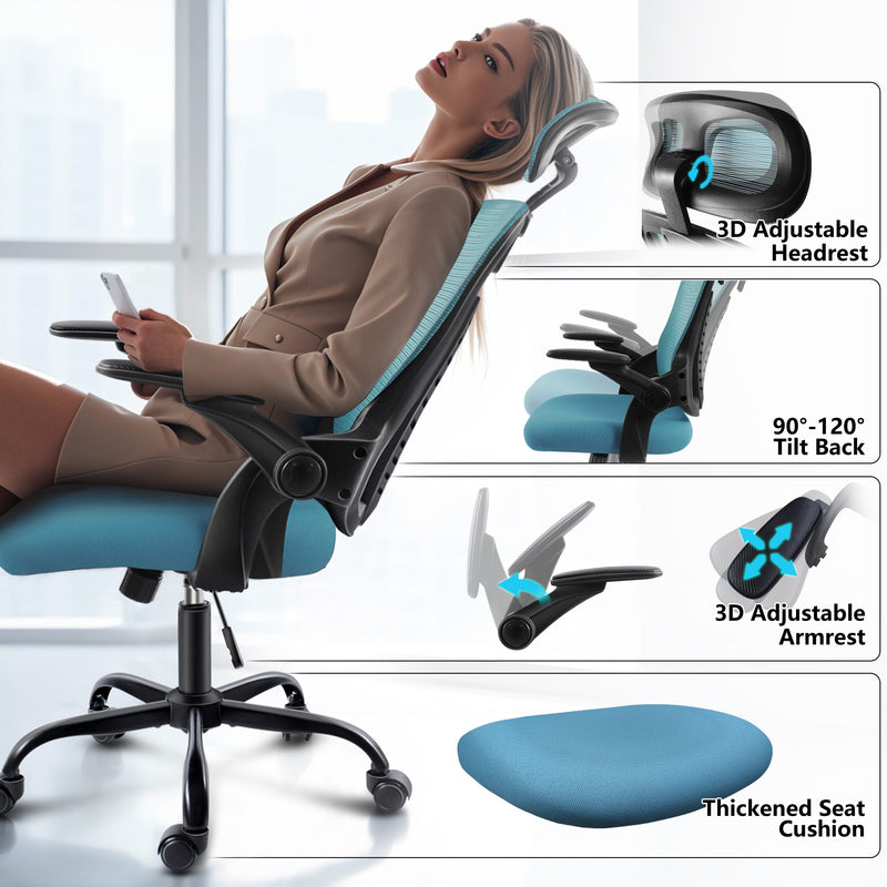 woman relaxing in ergonomic office chair with headrest