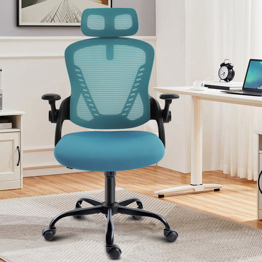 office chair with adjustable headrest in a workspace
