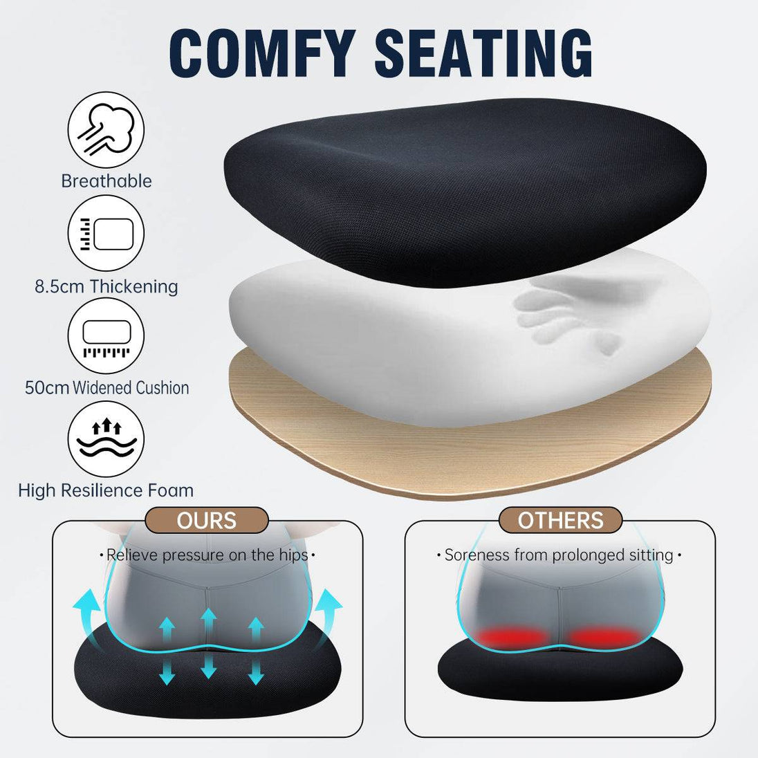 Close-up of the GGCIR Office Chair’s thickened cushioned seat, designed with high-resilience foam for superior comfort and pressure relief.