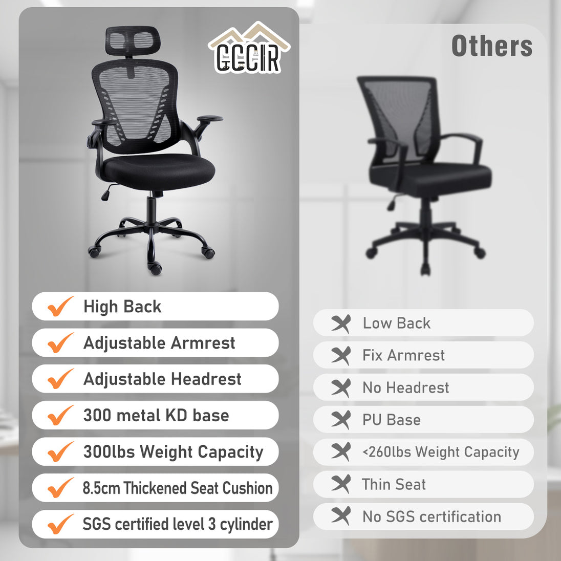 GGCIR Ergonomic Office Chair with Adjustable Arms and Headrest Black features high back, thick seat cushion, and 300lbs weight capacity. Ideal for long work hours.