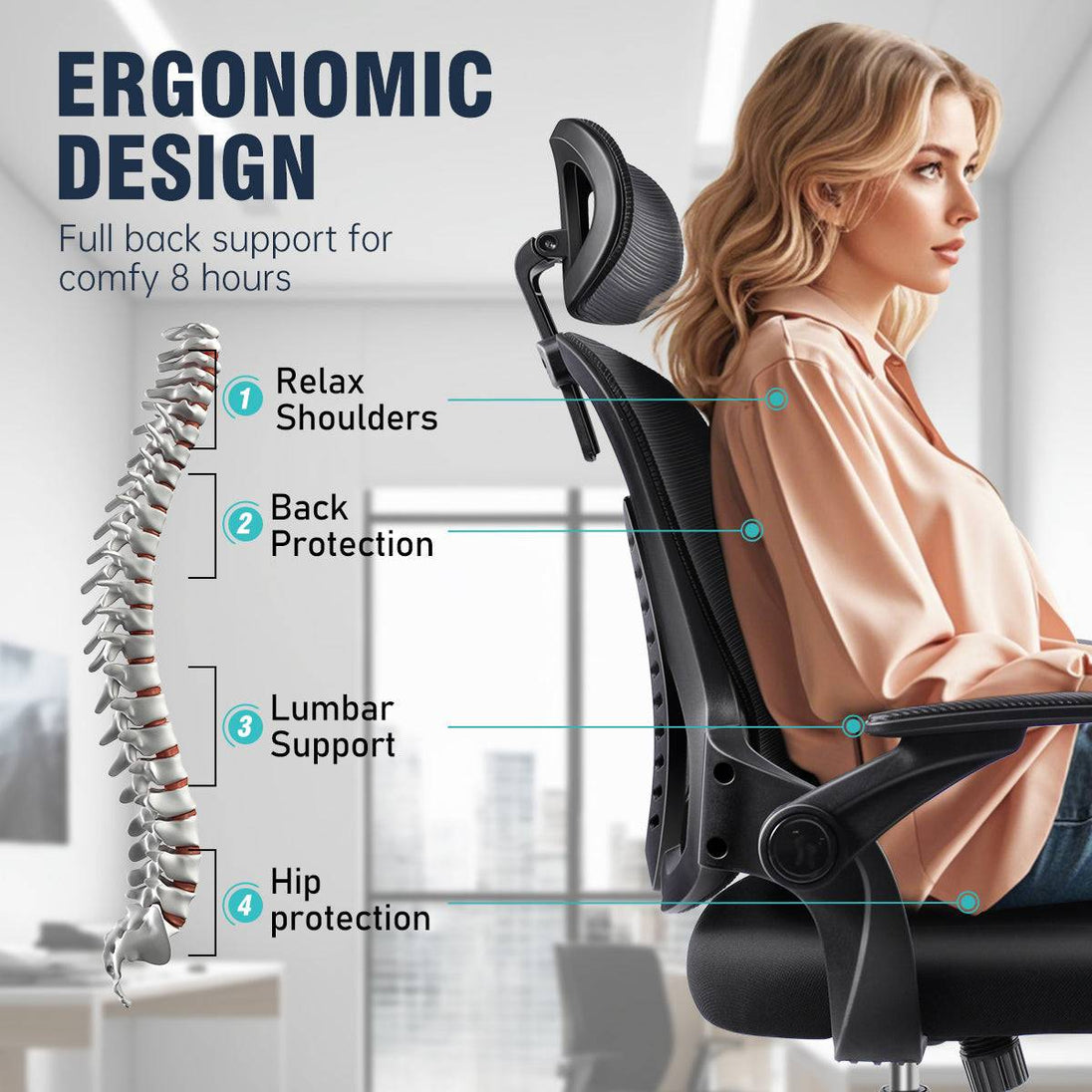 Ergonomic design of the GGCIR Office Chair, providing full back support with lumbar protection, shoulder relaxation, and hip support for long hours.
