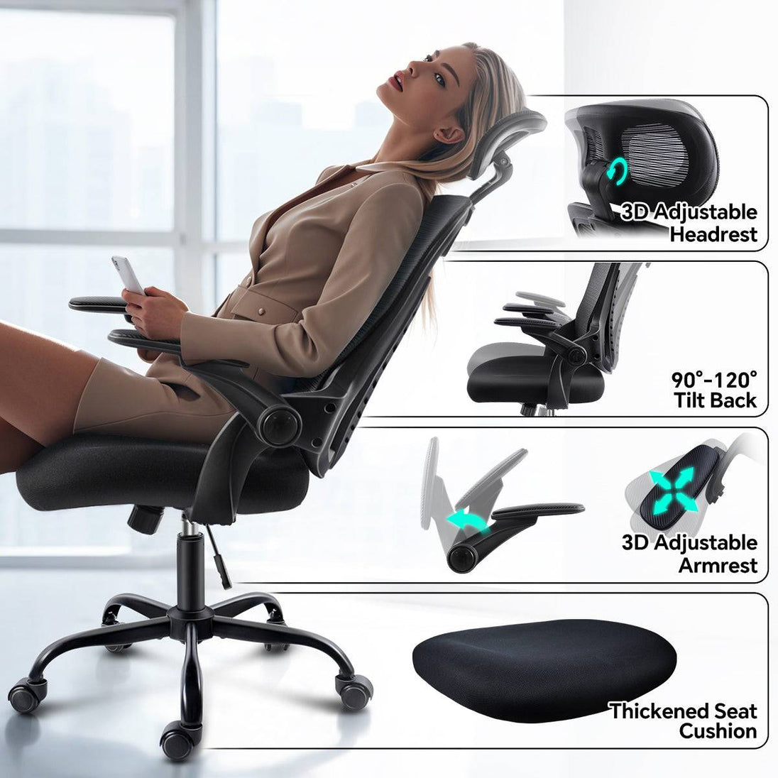 GGCIR Black Ergonomic Office Chair in a reclined position, showcasing its 3D adjustable headrest, armrests, and thickened seat cushion for comfort.