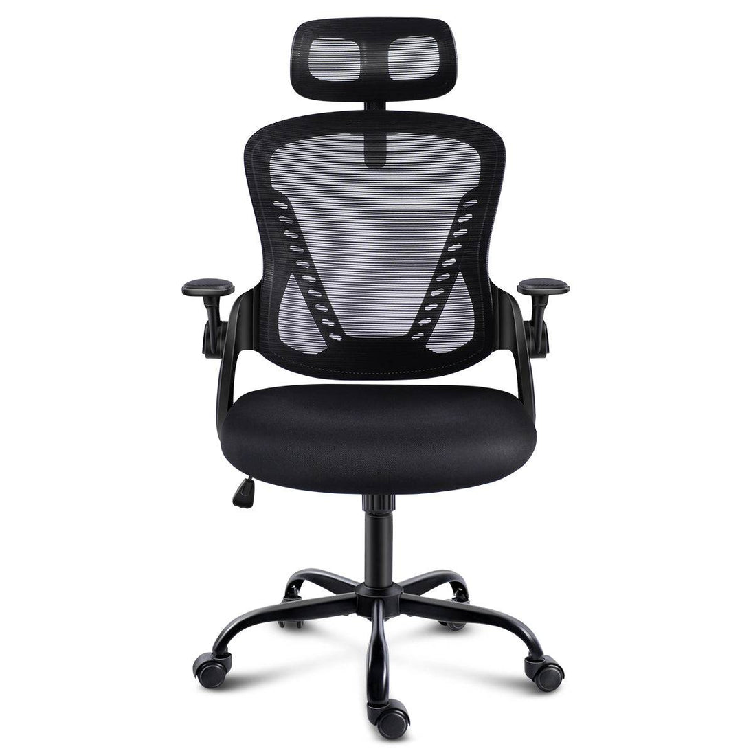 Front view of the GGCIR Black Ergonomic Office Chair, highlighting its mesh back, cushioned seat, and adjustable armrests for optimal support.