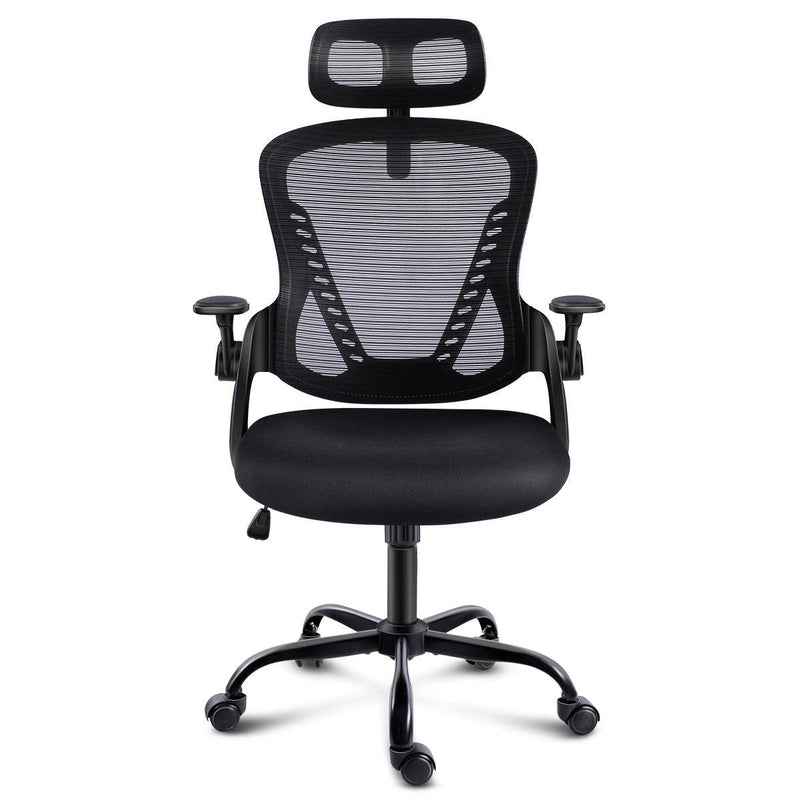 Front view of the GGCIR Black Ergonomic Office Chair, highlighting its mesh back, cushioned seat, and adjustable armrests for optimal support.