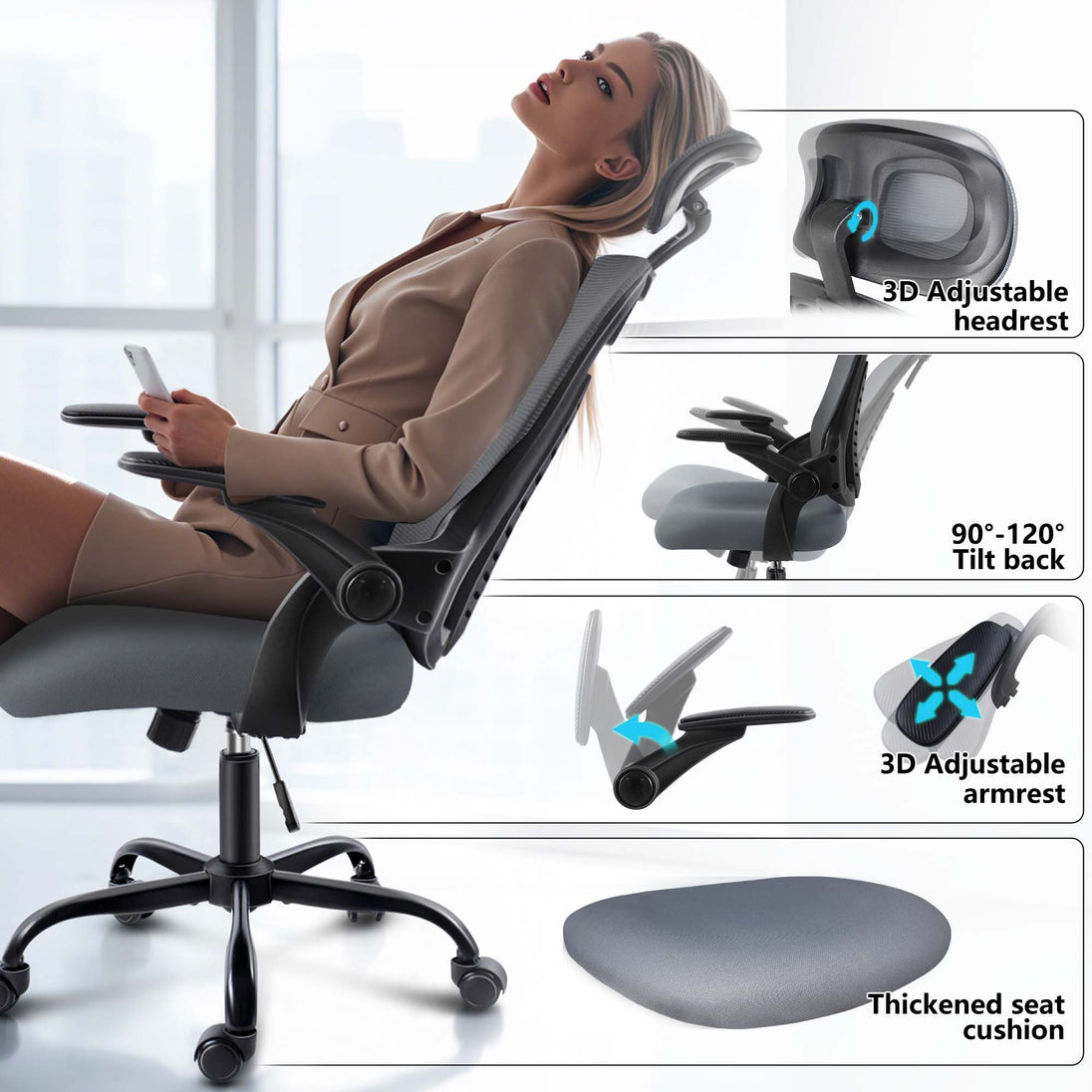 Ergonomic office chair with adjustable headrest and arms