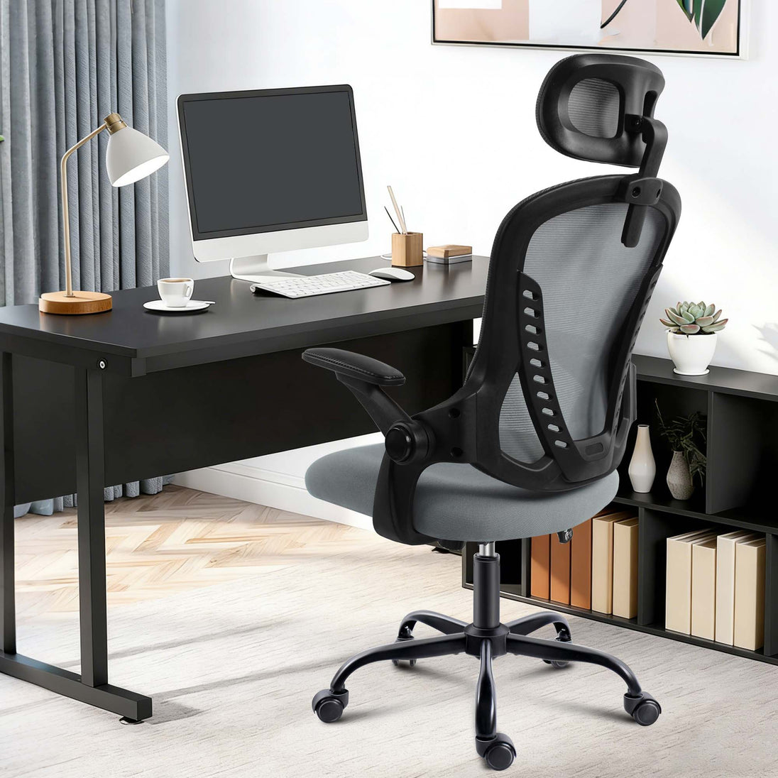 Ergonomic office chair with adjustable arms and headrest in a modern workspace