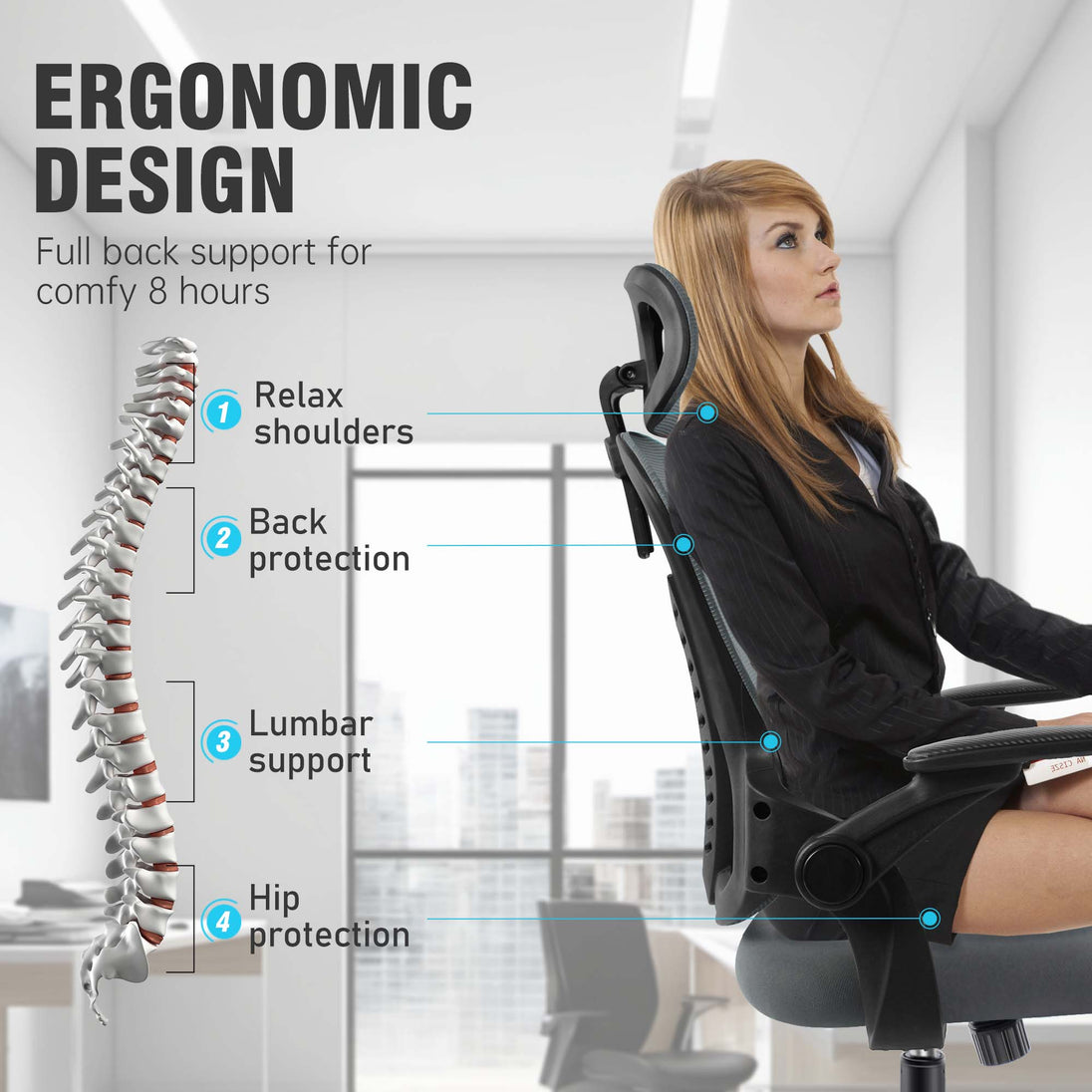 Ergonomic office chair with adjustable headrest and support