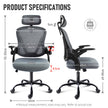 Ergonomic office chair with adjustable headrest and arms, mesh back, grey color, detailed dimensions