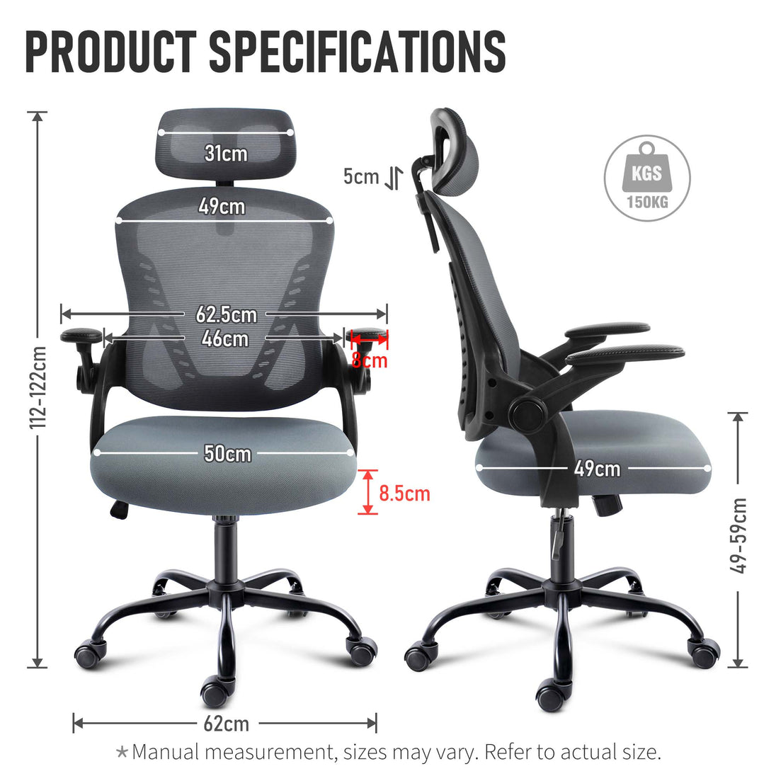 Ergonomic office chair with adjustable headrest and arms, mesh back, grey color, detailed dimensions