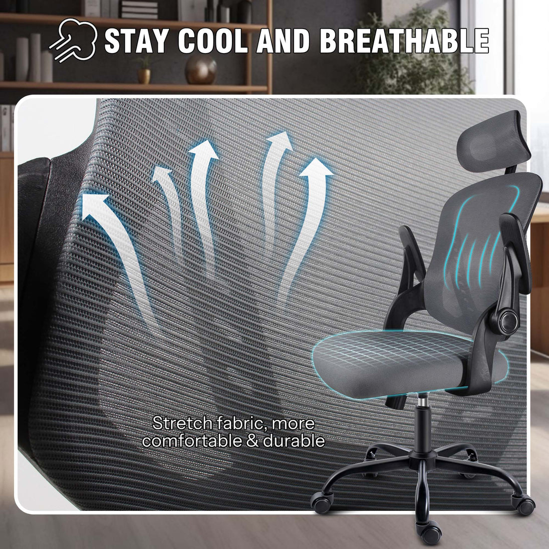 Ergonomic office chair with mesh backrest and adjustable headrest