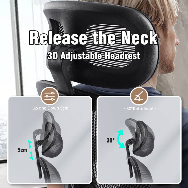 3D adjustable headrest of the GGCIR Office Chair, offering up-down and rotational adjustments to relieve neck strain during long hours of sitting.